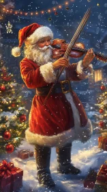 Digital painting of festive Santa violinist in snowy courtyard.