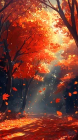 Crimson autumn forest glows softly under drifting leaves