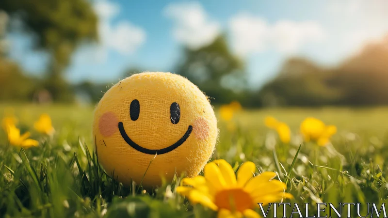 Smiley face ball resting in grass among yellow flowers.