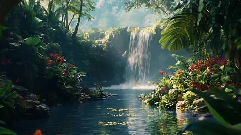 Hidden jungle waterfall pool wrapped in soft morning light.