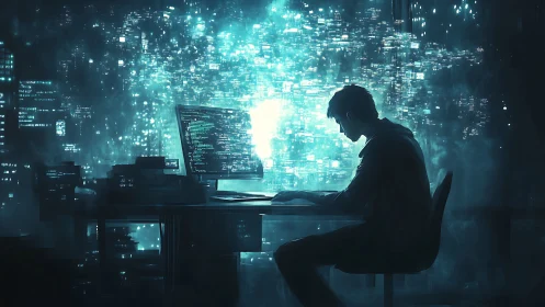 Cyberpunk coder at terminal in luminous data skyline environment.