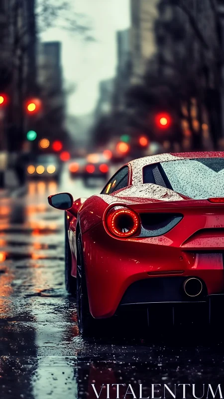 Red supercar idles on wet city street at dusk