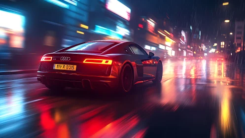 Sleek sports car gliding through a neon soaked rainy city street.