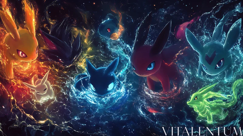 Elemental fox spirits swirling through cosmic starlit tides.