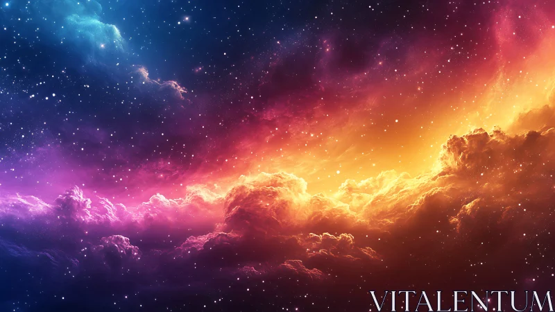 Digital nebula skyscape with prismatic chromatic gradient clouds.