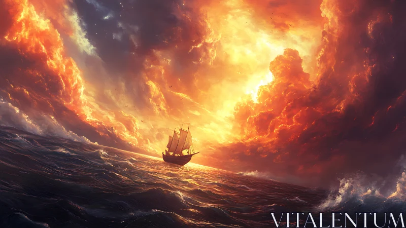 Storm-tossed galleon cuts blazing sunset ocean sky.