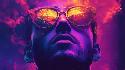 Digital portrait shows male face with reflective sunglasses