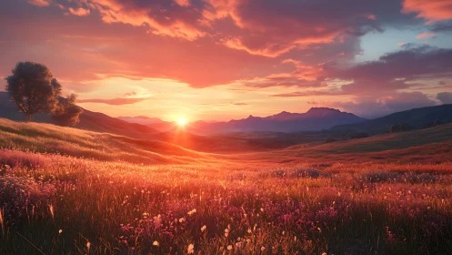 Sunlit valley meadow extends toward distant mountain range