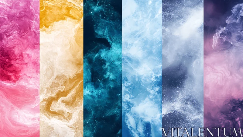 Vertical abstract color bands with swirling textures.