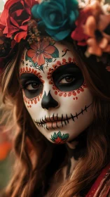 Flower-crowned sugar skull muse in autumn hush.