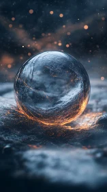Luminous glass sphere over molten embers on stone plain.