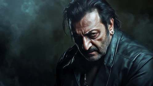 Middle‑aged man stares forward in low‑key dramatic lighting