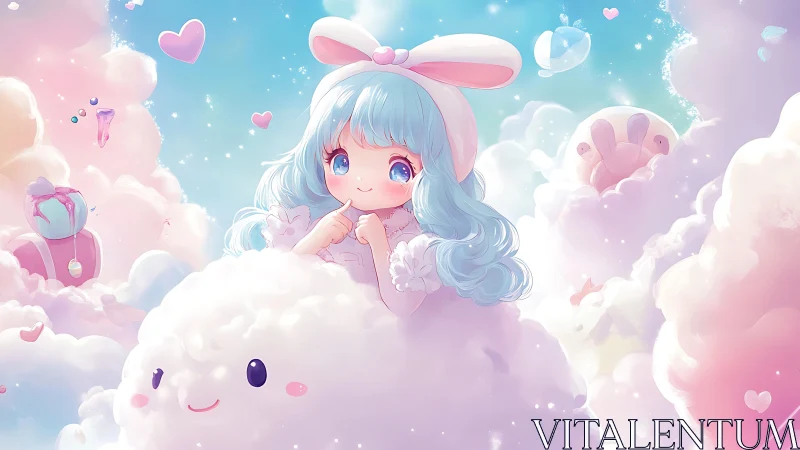Pastel cloud scene with blue-haired girl and soft shapes.