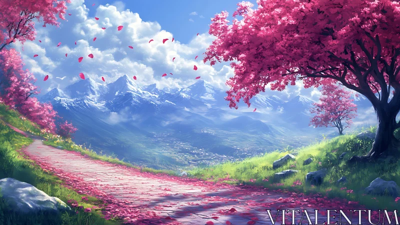 Petal-lined mountain path under stylized cherry trees and crisp peaks