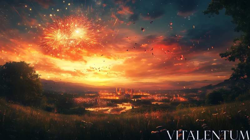 Fireworks crown a glowing valley city at fever-bright dusk