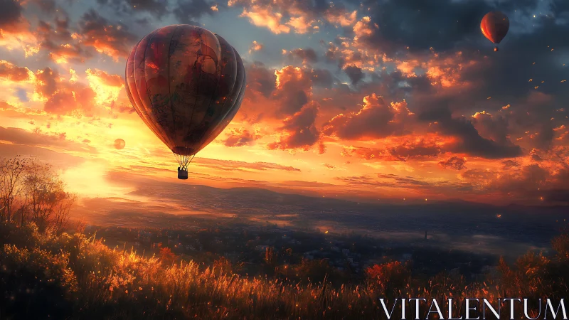 Hot air balloons drift above city at blazing sunset sky.
