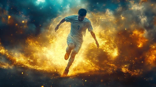 Soccer player charges through fiery explosion in dynamic motion