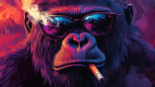 Neon-lit gorilla in sunglasses smokes with cinematic attitude