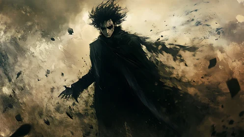 Dark robed figure dissolves into storm of abstract debris and dust