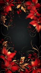 Red and gold floral border on dark background, vertical layout.