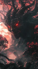 Tree-like demonic entity dominates fiery red forest sky