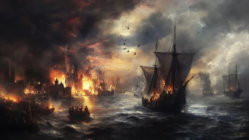 Medieval harbor burns while sailing ships move across water