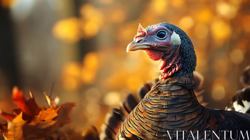 Wild Turkey Head Portrait in Golden Autumn Light.