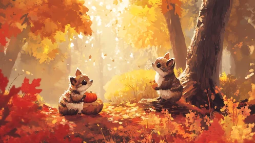 Tiny woodland friends sharing pumpkins in golden autumn light.