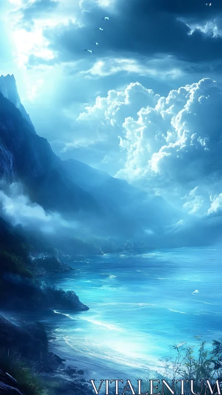 High-contrast coastal mountains under volumetric blue atmospheric light