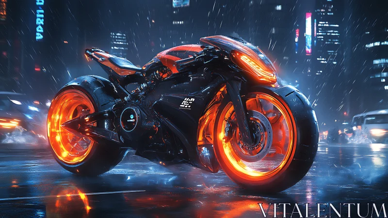 Cybernetic street racer with neon wheels in rainy cityscape.