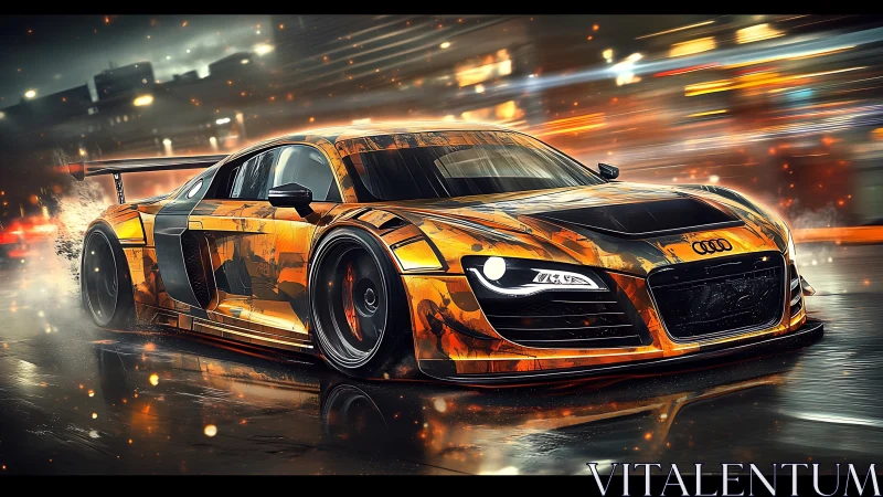 Modified orange sports coupe on wet urban night street.