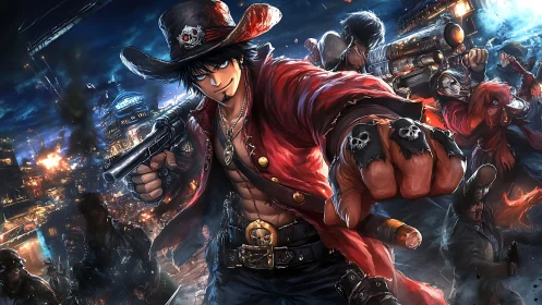 Gun-wielding pirate leader in urban night battle scene.