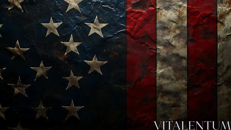 Weathered metallic American flag with corroded surface texture
