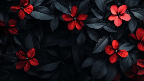 Red flowers with dark foliage composition against black background.