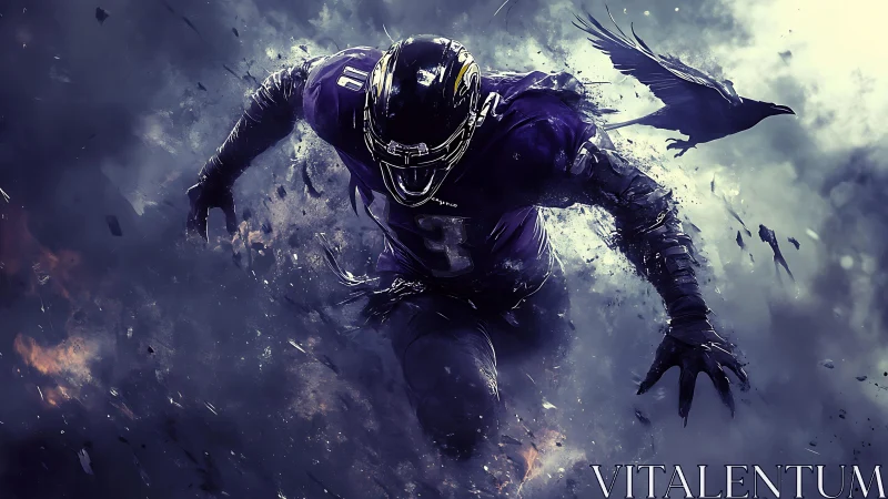 Storm-charged gridiron raven sprinting through violet smoke.