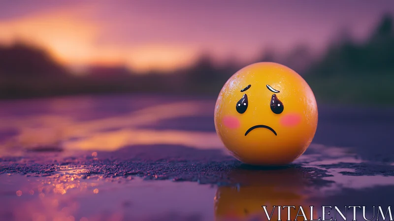 Sad emoji sphere on wet street at dreamy sunset dusk.