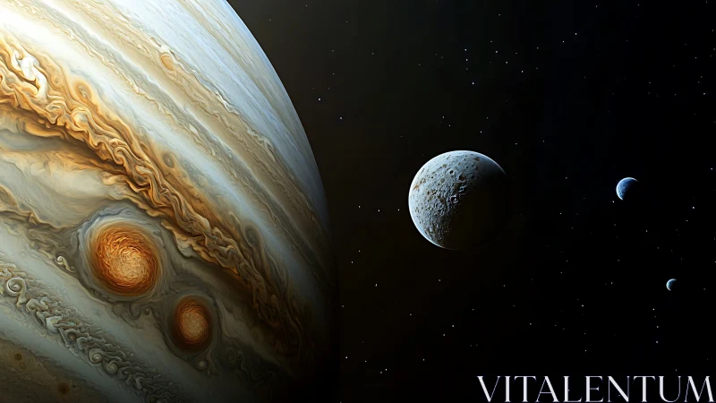 Gas giant and moons drift in a serene cosmic nightscape