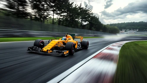 Yellow Formula race car on wet circuit in motion blur.