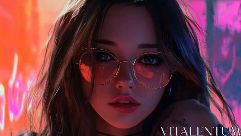 Neon lit girl in glasses with reflective city lights.