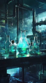 Glowing teal chemicals shimmer in a shadowy cyber lab interior