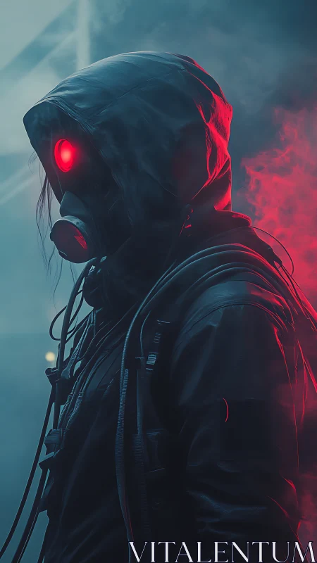Hooded cyberpunk operative with gas mask and red volumetric backlight