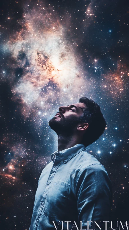 Male profile silhouette composited against luminous galactic nebula