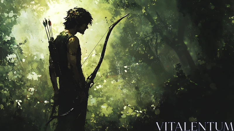 Solitary archer stands poised in luminous forest haze.