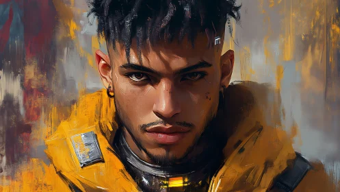 Digital portrait of young man in yellow jacket, frontal view.