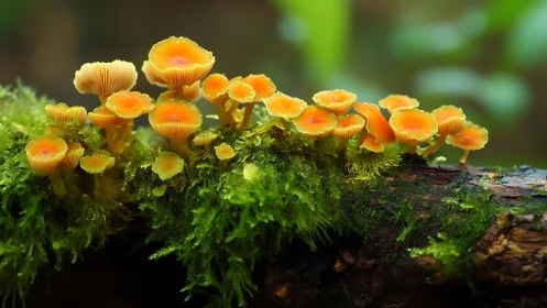 Golden forest mushrooms along mossy fallen log.