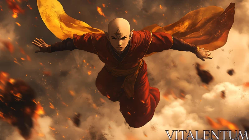 Shaven-headed monk in orange robes descending through smoke.