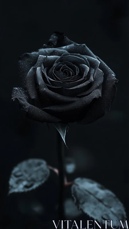 Single dark rose with dew against low key background.