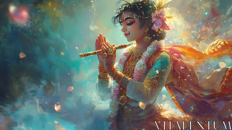 Divine musician in luminous florals plays a golden flute.