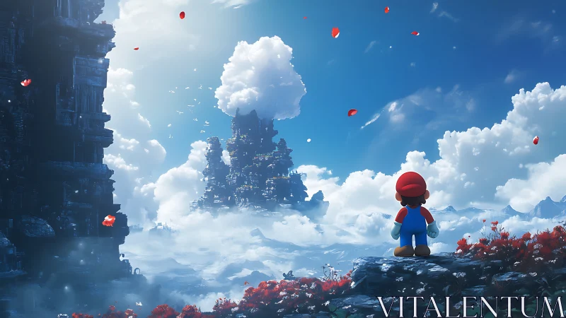 Tiny hero gazes toward a floating cloud kingdom of wonders.