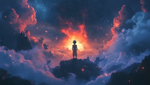 Fiery skied hero quietly greets a glowing cosmic horizon